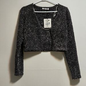 Glamorous Sparkly Black Long Sleeve Crop Top